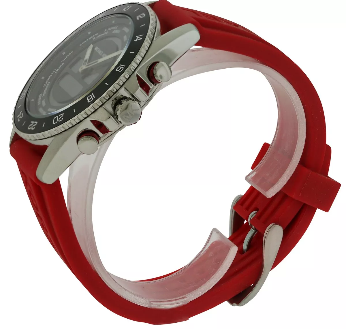 MICHAEL KORS JET MASTER SILVER BLACK TONE RED SILICONE BAND ANA