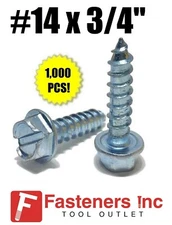 (Qty 1000) #14 x 3/4" Hex Washer Head Slotted Sheet Metal Screw Zinc Plated