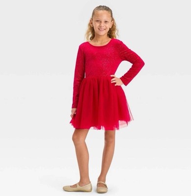 Mädchen Langarm Shimmer Velours Tüll Kleid Cat & Jack Dunkelrot XXL 16-18
