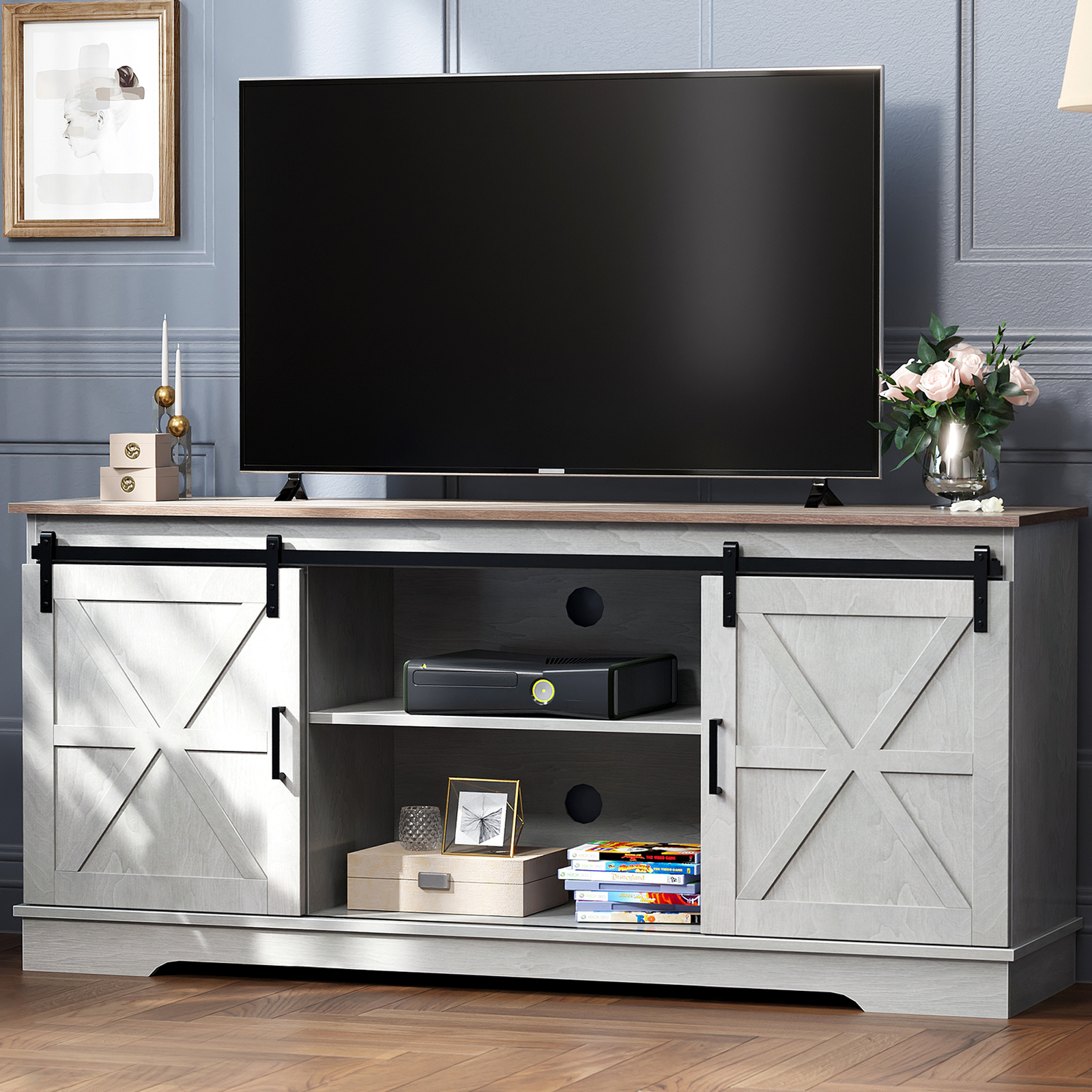 Farmhouse TV Stand Entertainment Center w/ Sliding Barn Door For 60/65 inch TVs