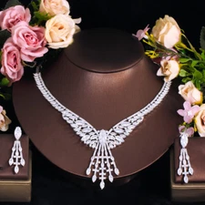 Silver Plated Angel Wing Necklace Earrings CZ Zirconia Wedding Bride Jewelry Set