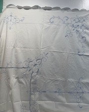 Vintage White With Blue Embroidery Cutwork And Blue Scalloped Edges Table Cloth