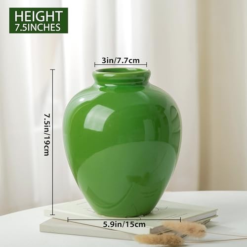 7.5IN Green Ceramic Vase, Vintage Flower Vases with Ice Cracked