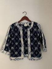 Chico's Artisan Open Front Jacket Sz 0 4 Ikat Jacquard 3/4 Sleeve Blue Cotton