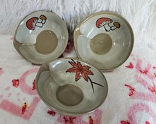(Set of 3) New Rice Fruit Round Bowls Mushrooms & Leaf Brown Ceramic 2" Japan