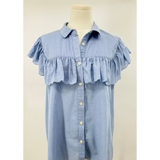 The Great. Scallop Campfire Top Blue Cotton Ruffle Blouse Sleeveless Button up L