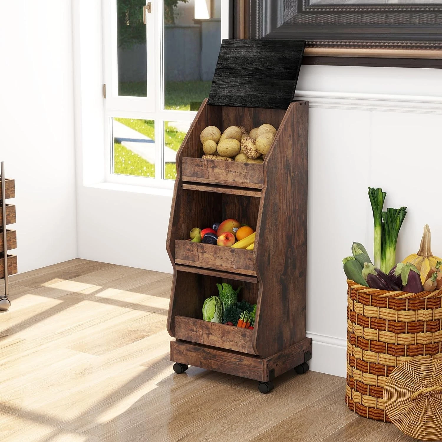 ARTETHTS Potato Storage Bin Movable Bread Box with Lid Rustic and Wheels Onion O