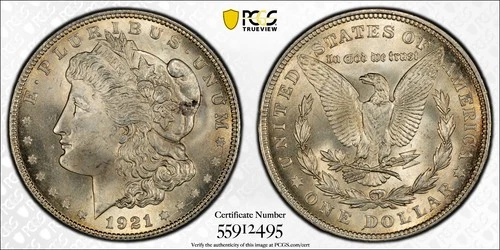 1921 Morgan Silver Dollar, PCGS MS-64, Gold Shield Label