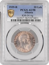 Albanien 10 Lekë 1939 R, PCGS AU58, "Italienische Besatzung (1939 - 1943)"