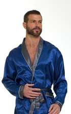 Mens Silk Satin Robe - NAVY / GRAY COLLAR - '' 5 day Delivery - USA ''