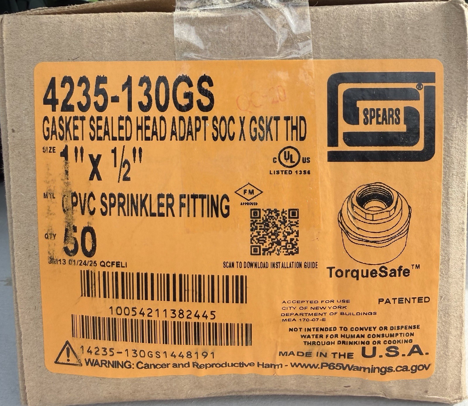 (Box 50)SPEARS CPVC SPRINKLER FITTINGS  4235-130GS TORQUESAFE  1" X 1/2"