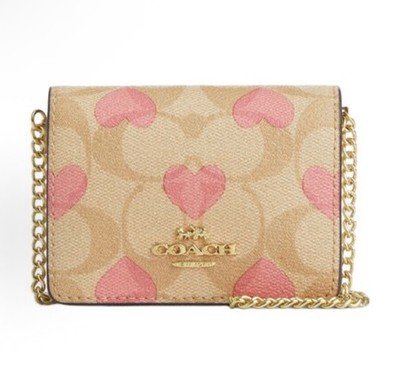 NWT Coach Boxed Mini Wallet On A Chain In Signature Canvas With Heart Print