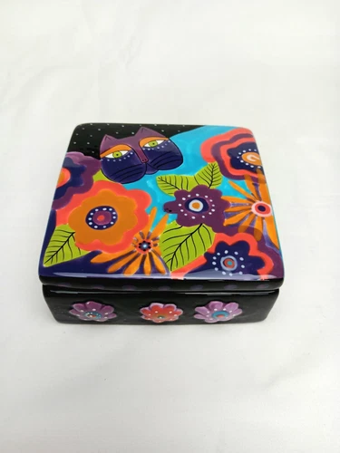 Laurel Burch by Ganz Cat Flowers Trinket Box Keepsake Jewelry Holder 4x4