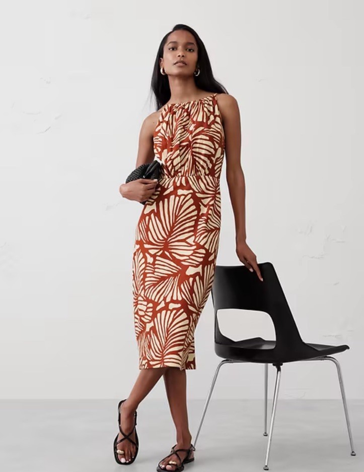 Banana Republic Factory LINEN-BLEND HIGH-NECK MIDI DRESS 2 Petite Leaf Print