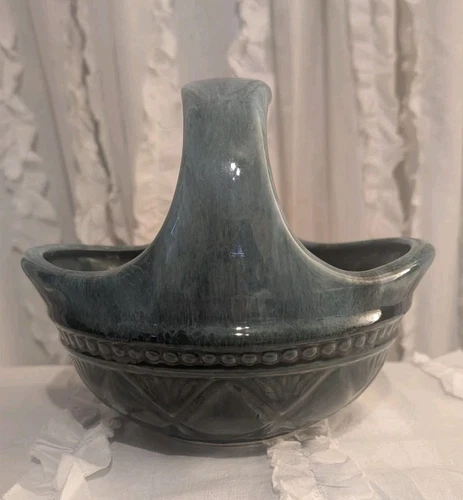 Vintage  Hull F24 Flower Basket Green/Blue  Drip Glaze Basket/Handle USA.  #96