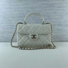 Auth Chanel Kelly Top Handle White Caviar Quilted Silver HW