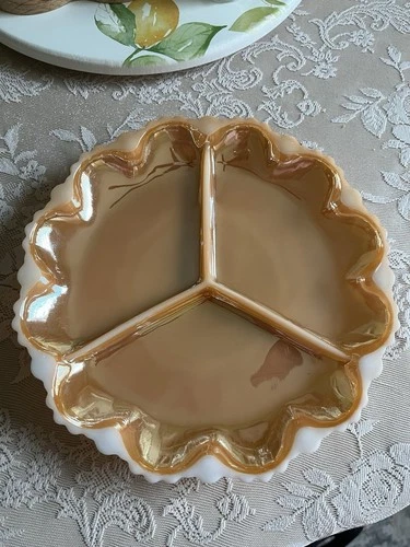 Anchor Hocking Fire King Peach Luster Milk Glass Divided Dish Plate Tray Vintage