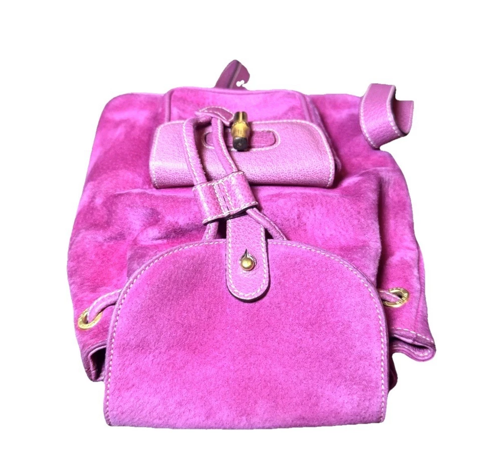 Mini Mochila de Bambu GUCCI Vintage Couro Camurça Rosa Fúcsia Autêntica - Imagem 2 de 4