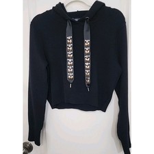 Zara Knit Hoodie Womens M Black Cropped Embellished Drawstring Sweater