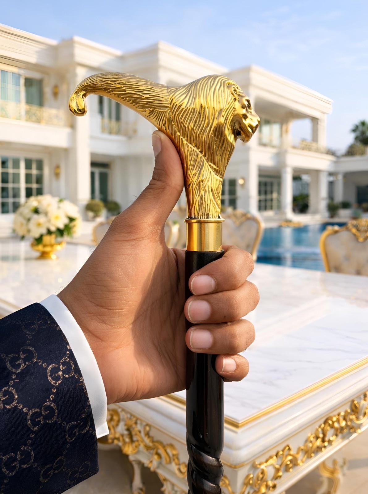 Victorian Brass Engraved lion Head Handle Handmade Wooden Walking Stick Cane