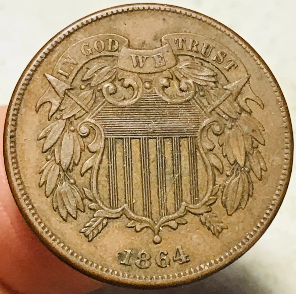 1864 Two Cent Piece 2C FULL MOTTO Ungraded Civil War Date US Copper Coin CC28210 - Image 3 of 4