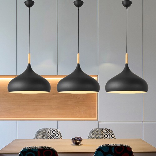 Set of 3 Kitchen Pendant Lights Wood Lamp Dining Room Black Bar Ceiling Lighting - Picture 10 of 11