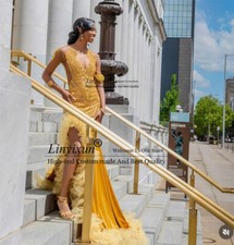 Gold Beads Mermaid Prom Dress Black Girls Luxury Rhinestone African Evening Gown