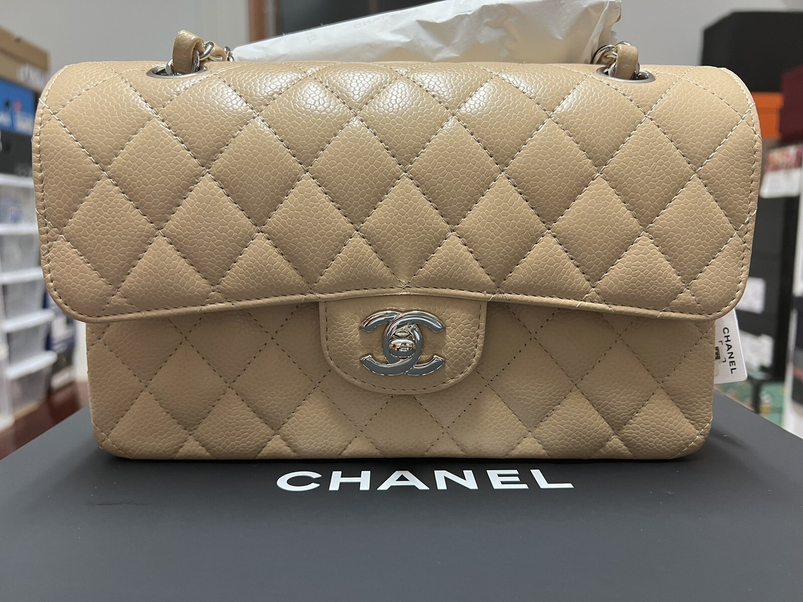 New 2021 CHANEL Caviar Quilted Small Double Flap Beige-image
