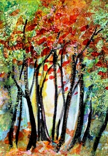 ACEO Original Painting TREE Autumn Landscape Sun FALL Leaves Nature ATC ART
