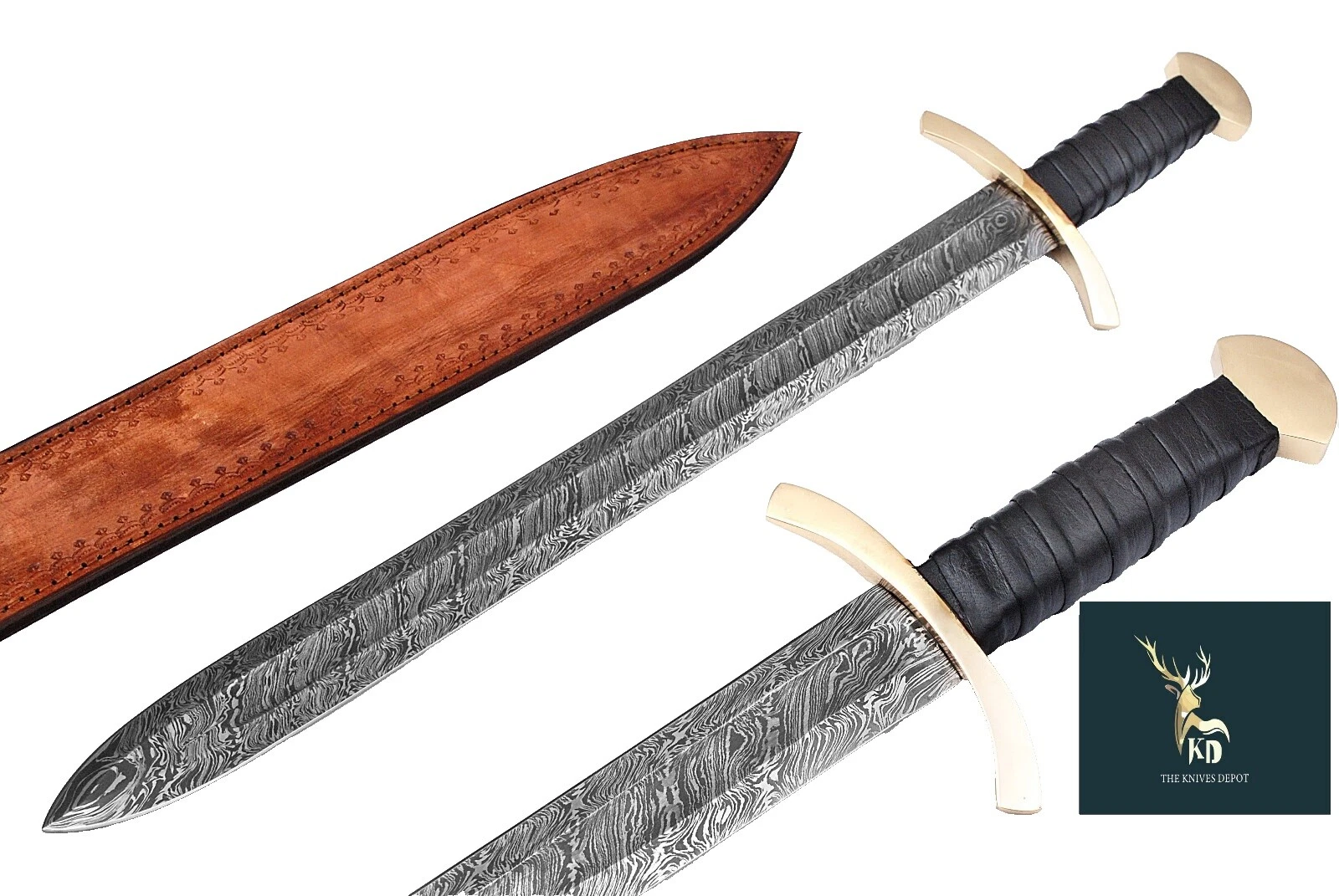 Damascus Steel Blade Leather Handle Rat-Tail Collectible Modern Custom & Handmade Fixed Blade Knives