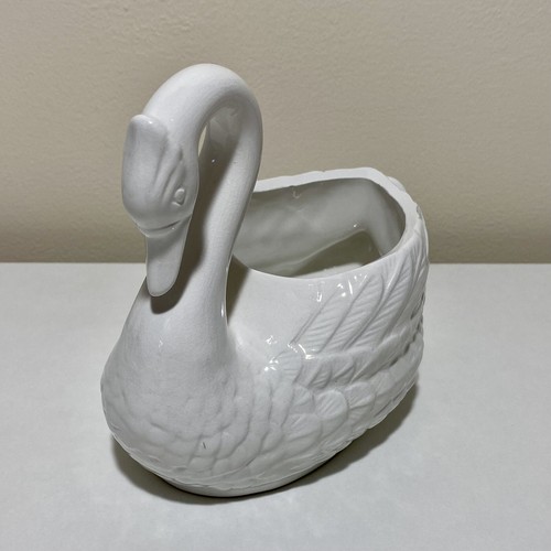 Vintage Swan Figurine White Planter Trinket Dish Home Decor Ornament Bird Vase - Picture 3 of 14