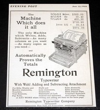 1909 OLD MAGAZINE PRINT AD, REMINGTON TYPEWRITER WITH WAHL ADDING & SUBTRACTING! thumbnail