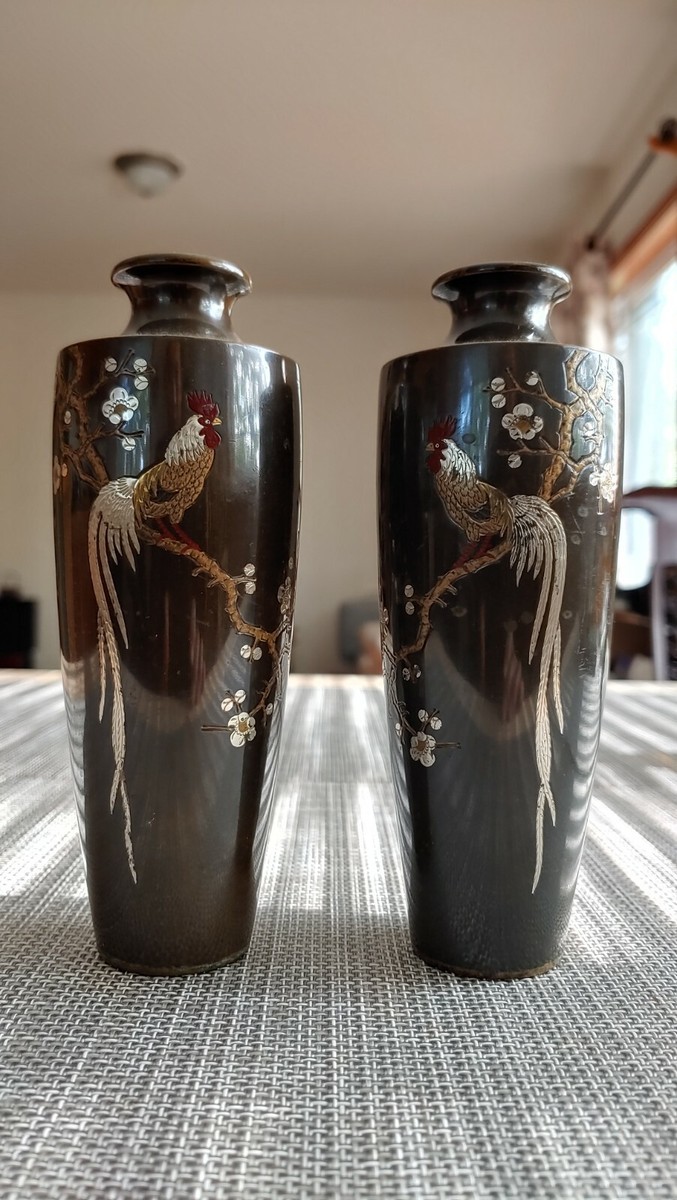 香玉铜错金银雉鸡梅花赏瓶Antique China Signed Bronze Inlay Gold