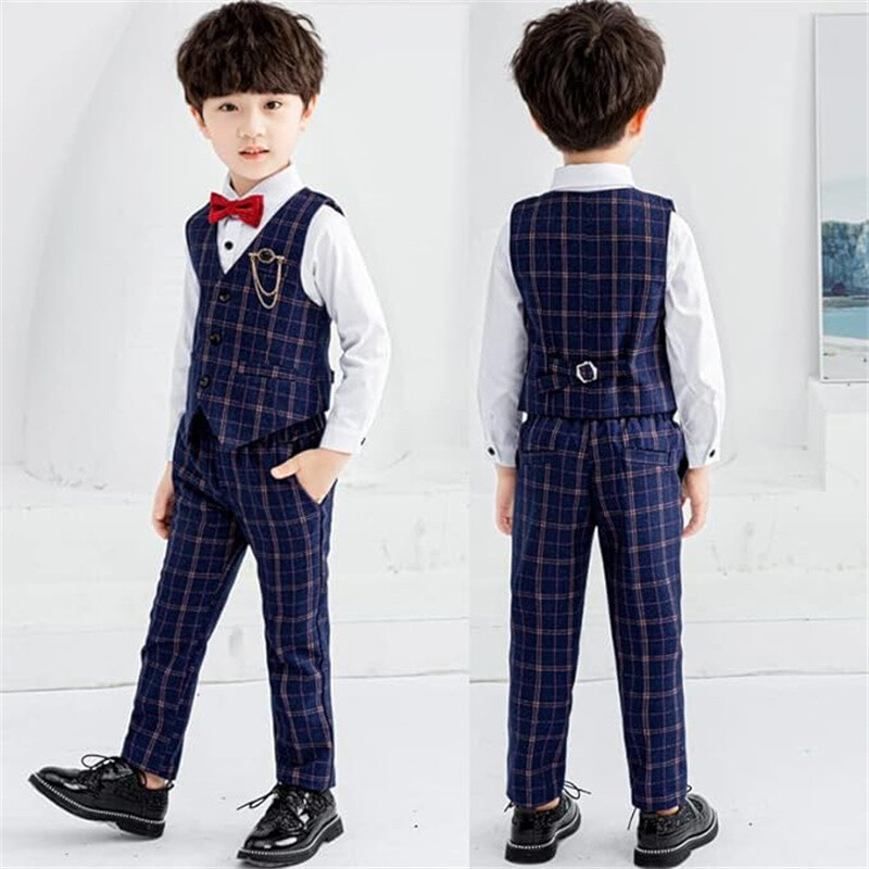 Boys Vest Pants Set Plaid Dress Suit Kids Tuxedo Formal Wedding Bearer