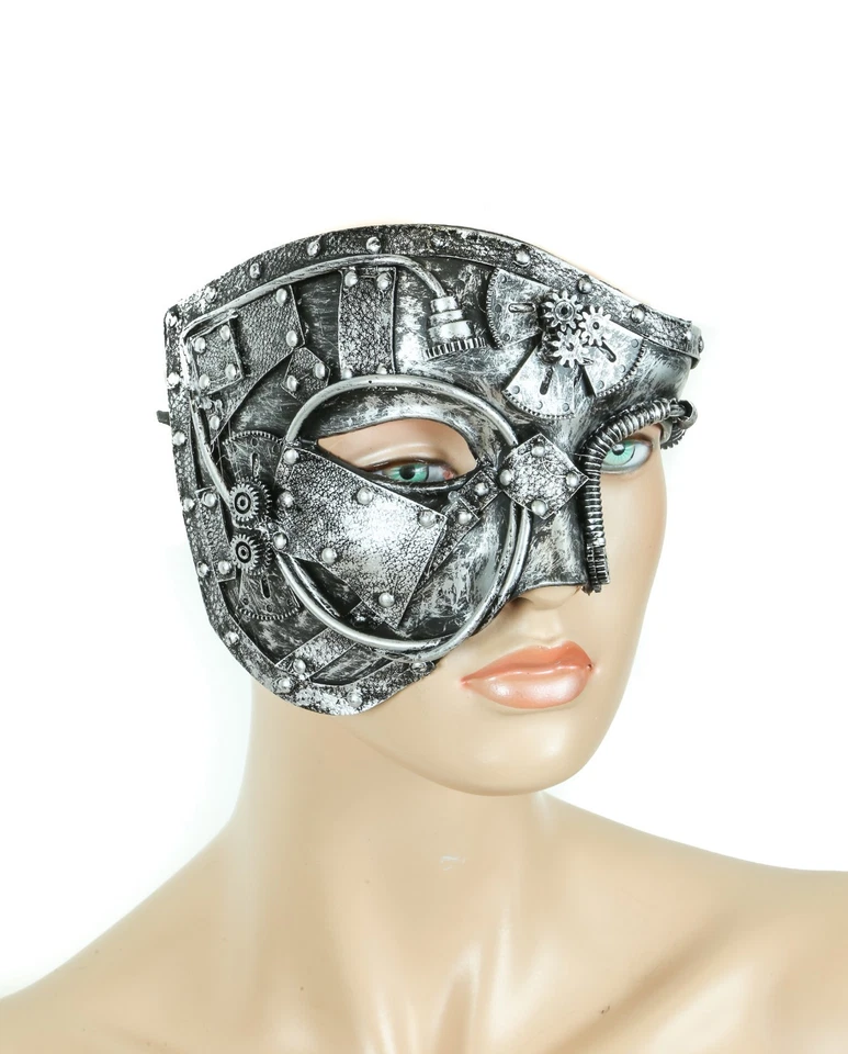 Steampunk Half Mask Gear Spike Punk Goth Fetish Burning man Antique Silver - Image 2 of 3