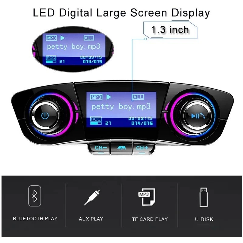 Car Bluetooth 4.0 FM Transmitter MP3 Audio Adapter 2 USB Charger AUX Hands-free - Image 2 of 4