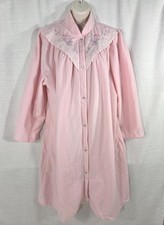 Vintage 80s Pink Velour Housecoat Robe XL Embroidered Lace Yoke Snap Front USA