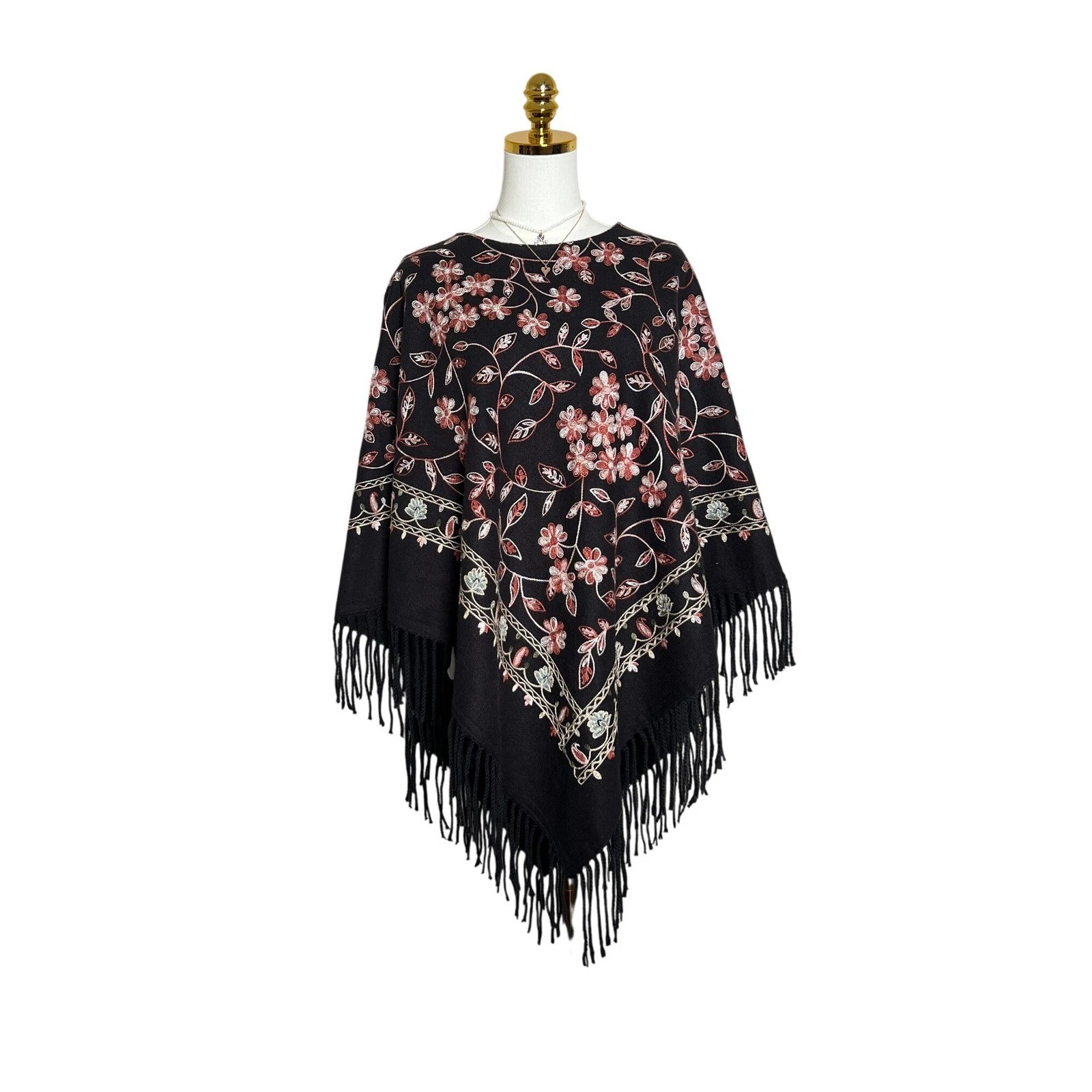 Rachel Zoe Black Floral Embroidered Fringe Poncho Wrap One Size Boho Pullover