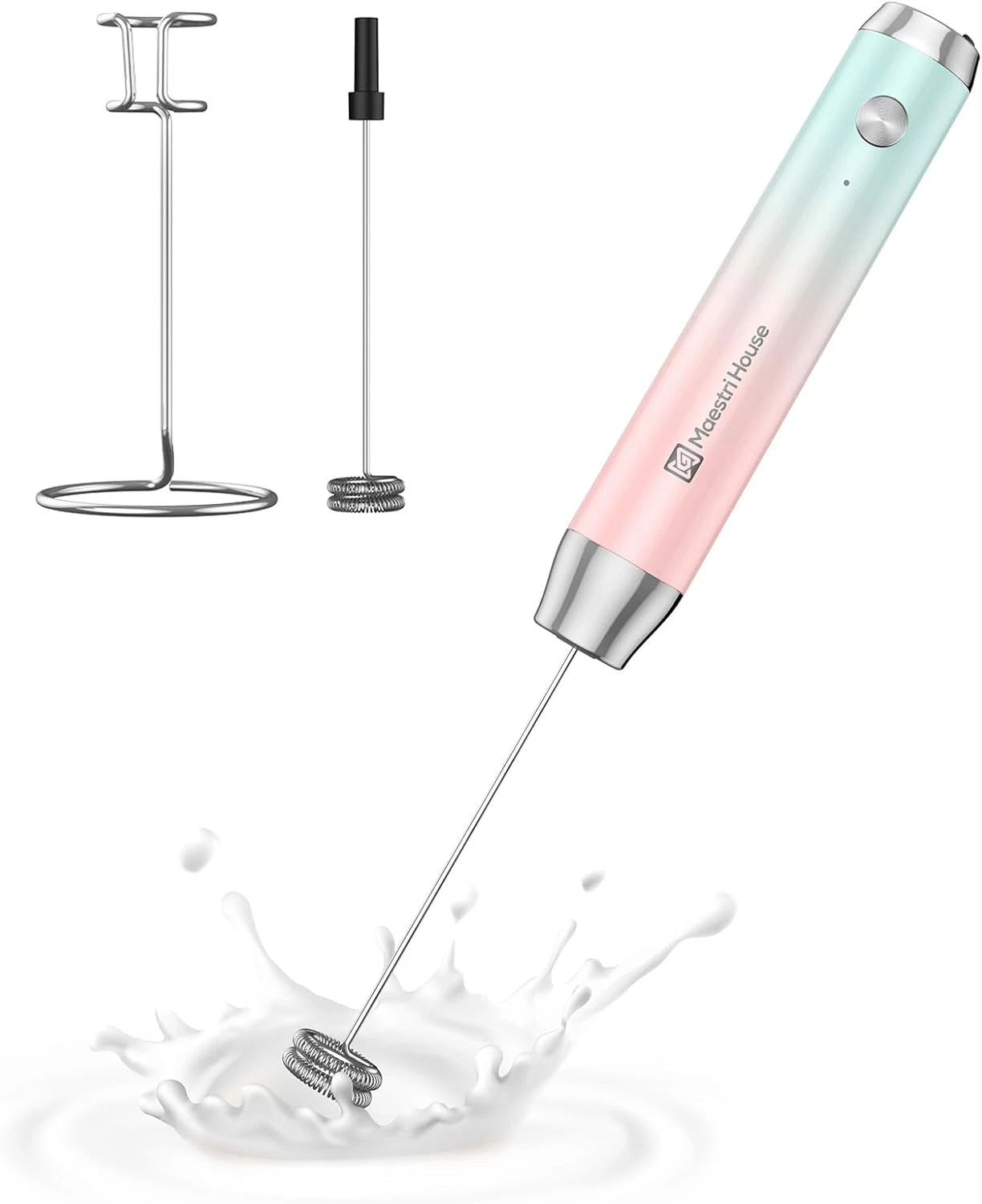 Rechargeable Milk Frother w/ Stand,Handheld Electric Foam Maker-Detachable Whisk
