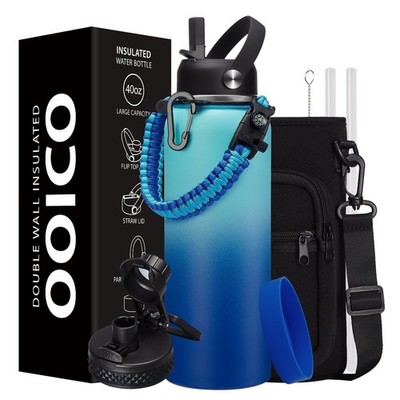40oz Insulated Water Bottle Stainless Steel Flask w/ Carrying Pouch Straw Lid