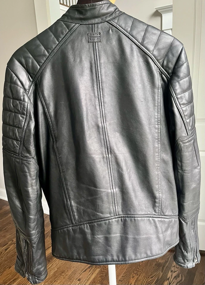 G-Star Raw Men's Black Biker Leather Jacket Size Small Made In India - Image 2 of 4