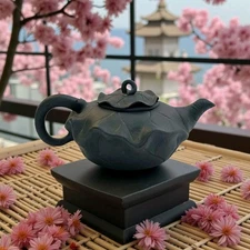 Vtg Rare Yixing Zisha Art Pottery Teal-Blue Teapot Lily Pad Lotus Marked China 
