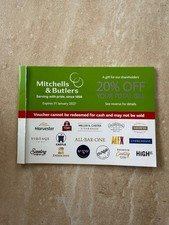 Mitchells and Butlers Voucher 20% off TOTAL bill  Miller & Cart Toby, Harvester,