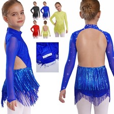 Girls Ballroom Samba Dancewear Leotard Skirt Party Dress With Tassel Backless