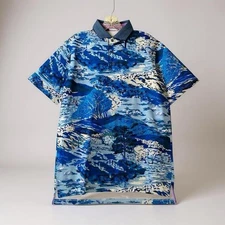 Greyson Polo Shirt Men L Blue Mountains Print Performance Golf Activewear Preppy