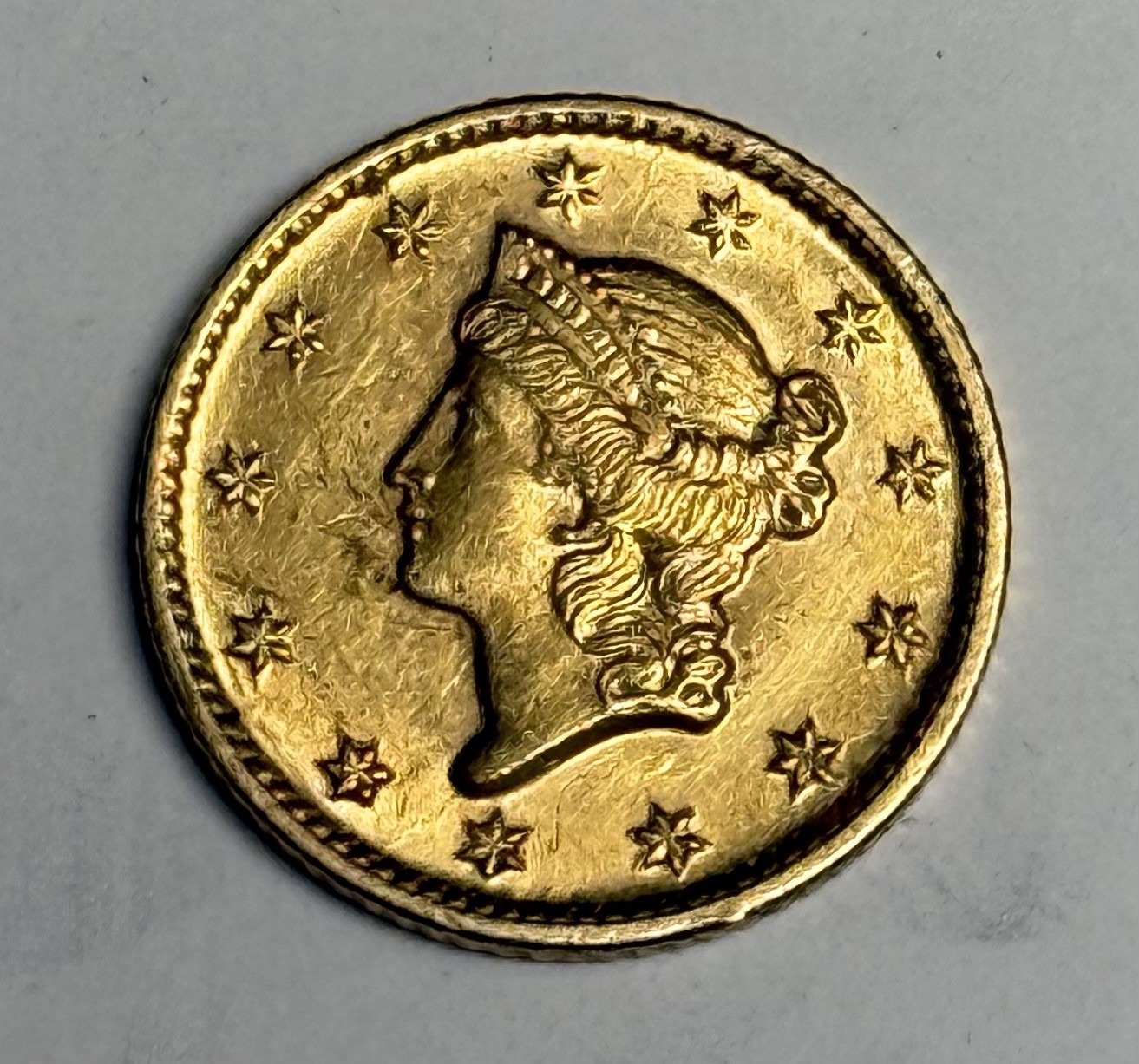 AU 1849-O Liberty Head Gold Dollar, Lustrous Almost Uncirculated U.S. Type $1