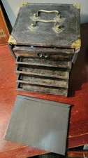 Antique Mahjong Case  Box Drawers W Front Panel, Black Ink Stain Finish No Tiles