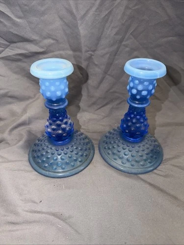 Fenton Blue Opalescent Glass Pair Candlesticks Candle Holders   5 3/4"      H6