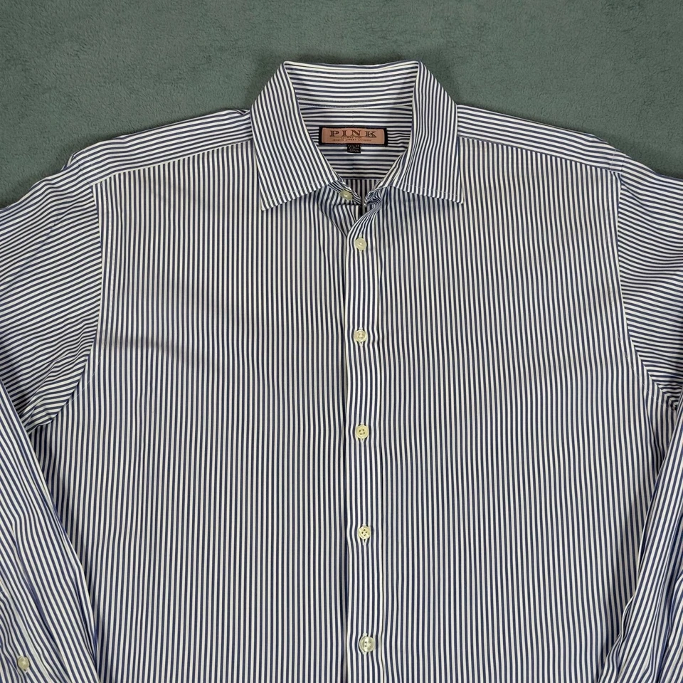 Camisa de vestir rosa Thomas azul a rayas manga larga abotonada para hombre 16 1/2-35 Foto 4 de 4