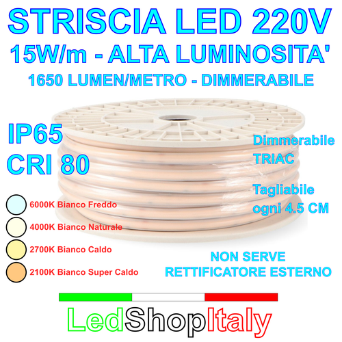 Striscia LED COB 220V luce Bianca 15W/m Luminosissima IP67 Dimmerabile Adesiva - Foto 1 di 7